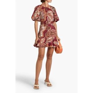 FARM RIO Belted Paisley Cotton Puff Sleeve Mini Dress